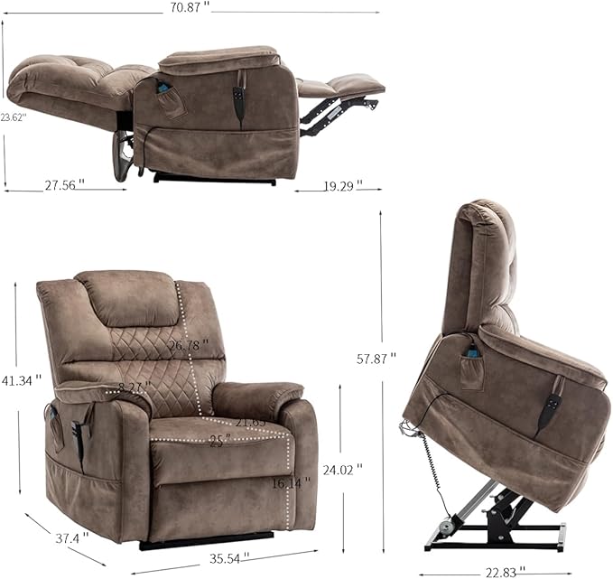 Oversized Power Lift Recliner Chair with 25 Extra-Wide Seat for Big Elderly Adults 180 Degree Lay Flat Electric Lounge Sofa Chair with Massage &amp Heat for Living Room Bearing 400LBS Beige+Brown