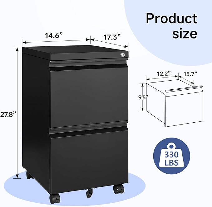 Mobile File Cabinet with Lock - 2 Drawer Small Rolling Cabinet for Home Office Legal/Letter/A4 (Black)