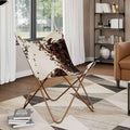 YAFF Brown &amp White Cowhide Leather Butterfly Chair – Ergonomic Comfort Iconic Style Lightweight &amp Durable Powder-Coated Iron Frame Perfect for Living Room Relaxation