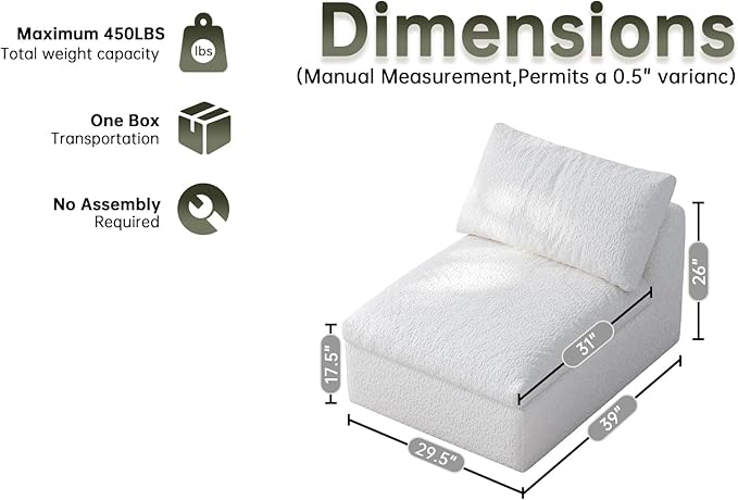 Single Cloud Sofa Chairs Boneless Cloud Chair Foam Couch Comfy Accent Bean Bag Chair for Reading Living Room Bedroom Apartment Office (White 1 Seater)