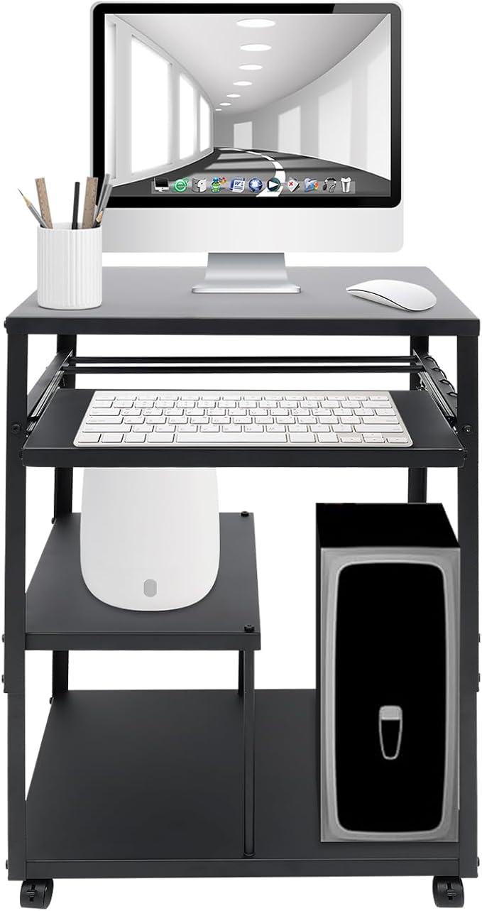 Computer Desk Height Adjustable Rolling Presentation Table w/Keyboard Tray Monitor Stand Hooks Wheels Gaming Desk Home Office Desk