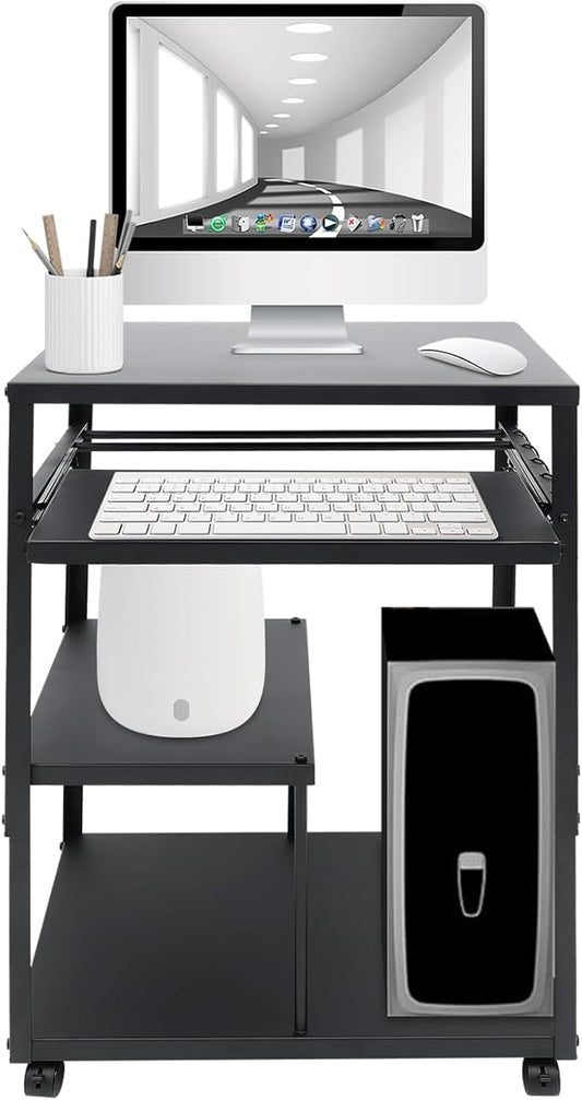 Computer Desk Height Adjustable Rolling Presentation Table w/Keyboard Tray Monitor Stand Hooks Wheels Gaming Desk Home Office Desk