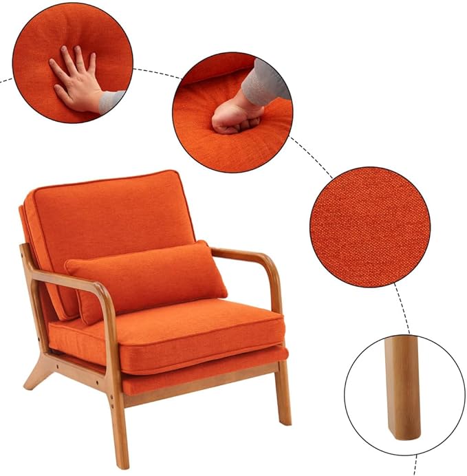 Mid Century Modern Accent Chairs Single Linen Lounge Reading Armchair with Solid Wood Frame Easy Assembly Arm Chairs for Living Room-Orange