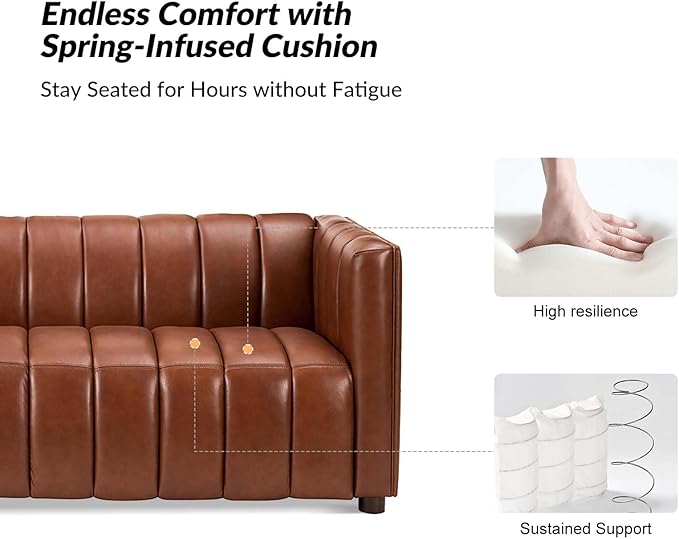 HULALA HOME 83 Genuine Leather Sofa with Channel Tufted Design 3-Seater Sofa for Living Room Bedroom Modern Oversized Couch with Wood Legs Brown