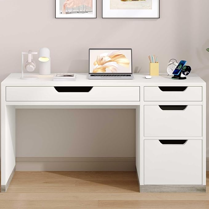 52 Inch White Desk with 4 Drawers Computer Desk with Storage for Small Spaces with Storage File Drawer Small Home Office Desk with Drawers for Bedroom