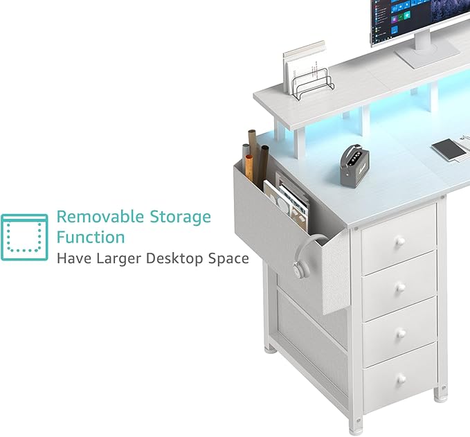 Lufeiya White L Shaped Computer Desk with Fabric Drawers 55 Inch Corner Home Office Desk with Monitor Stand Shelves Writing Study Gaming Desks with Led Lights and Power Outlets for Bedroom White