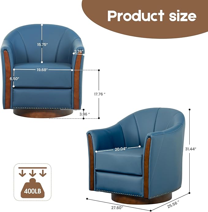 360° Swivel Accent Chair Modern Leather Barrel Club Chair with Leather Upholstery and Sturdy Wood Base Comfortable Armchair for Living Room Bedroom Reading Nook Blue