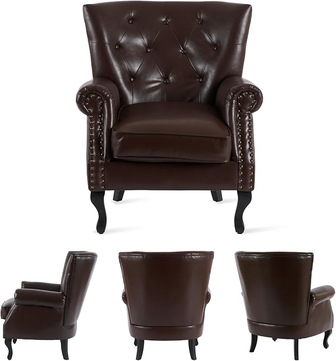 MOJAY PU Leather Accent Chair Mid-Century Modern Armchair Living Room Club Chair with Tufted Button &amp Rivet Trim Upholstered Sofa Chair with Sturdy Wood Legs for Bedroom (Caramel)