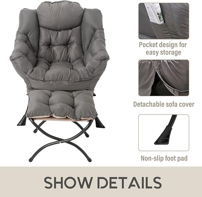 LITA Lazy Chair with Ottoman Modern Accent Leisure Upholstered Lazy Sofa Armchair Contemporary Lounge Reading Chair with Armrests and a Side Pocket for Living Room Bedroom &amp Small Space Dark G