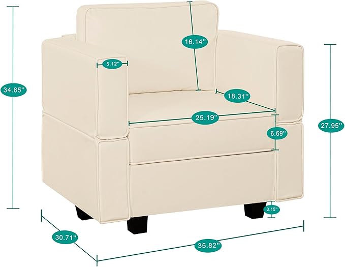 Naomi Home Sarah Modular Sectional Arm Accent Chair with Storage Seat Air Leather Armchair Single Sofa Club Chair Beige