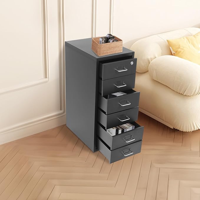 6-Drawer Vertical Filing Cabinet with Lock Mobile Vertical File Cabinet with Wheels Black Office Organizer for Documents Home Office Rolling File Cabinet