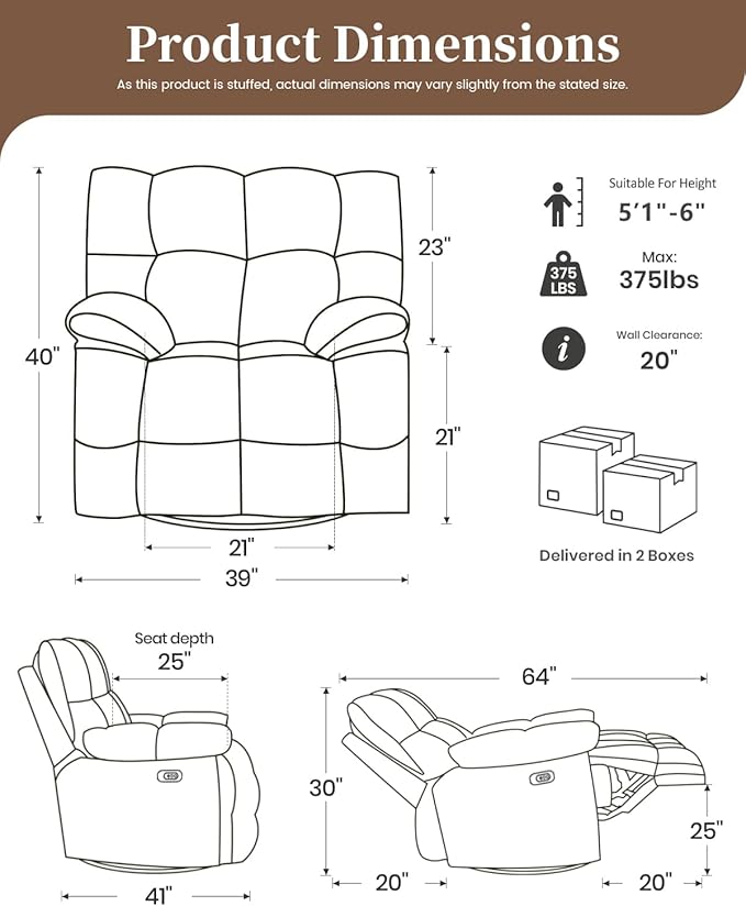 Oversized Power Swivel Rocker Recliner Chair for Big and Tall Electric Chenille Glider with USB Ports Extra Wide Overstuffed Reclining Sofa for Living Room Nursery 375lbs (Brown Power)