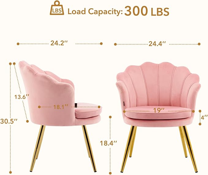 Furniliving Velvet Vanity Chair Shell Accent Chair for Living Room Upholstered Accent Chair with Gold Metal Legs Makeup Chair for Vanity Armchair Guest Chairs Side Chair for Bedroom (Pink 2)