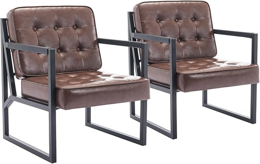 COLAMY Leather Accent Chairs Set of 2 Accent Arm Chairs for Living Room Comfy Leather Armchairs with Metal Legs for Bedroom Reception Room Brown