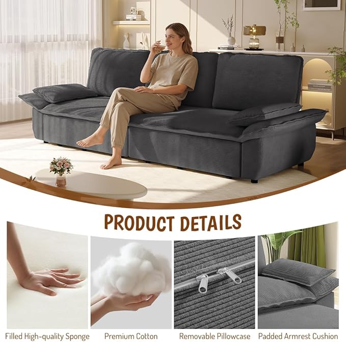 94.5‘’ King Size Sleeper Sofa Bed 3-in-1 Corduroy 3-Seater Sofabed Pull-Out Couch Upholstered Cloud Pullout Futon Space Saving for Living Room Gray