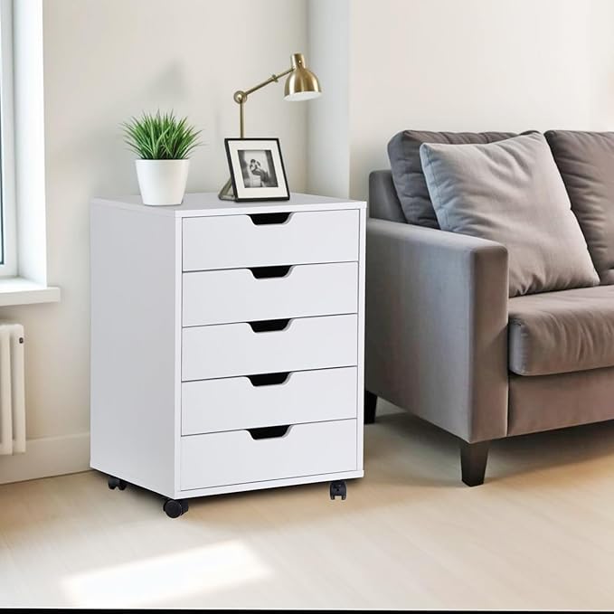Nouva 5-Drawer File Cabinet Chest - Vertical Mobile Filing Cabinet w/WheelsUnder Beside Desk Chest Storage Printer Stand for Home OfficeWhite