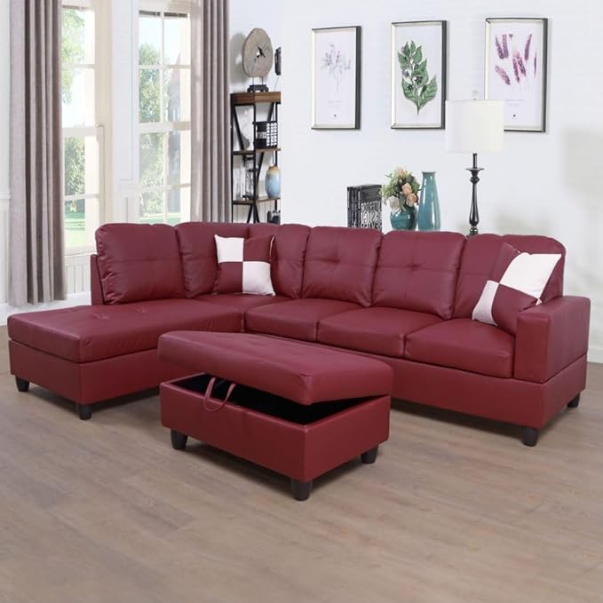 Red L-Shaped 3-Piece Faux Leather Sofa with Storage Ottoman Set Sectional Couch Leather-Like Sofa Set for Living Room Office Small Space