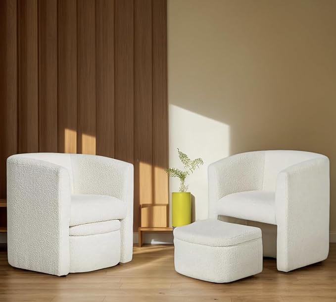 Mid-Century Velvet Living Room Chair with Storage Ottoman Space-Saving Accent Chairs for Bedroom/Reading Spaces/Office Cream