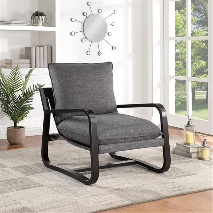Pemberly Row Sling Chair Charcoal Gray Polyester Fabric Bronze Metal Frame 27.75 W x 35 D x 33 H Reversible Detachable Cushions Comfortable Modern Accent Chair for Living Room or Reading Nook