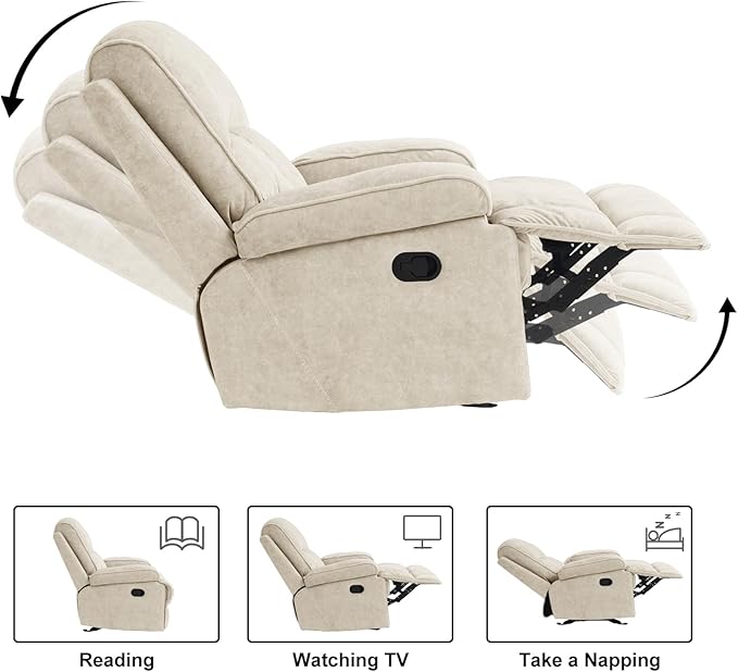 Manual Rocker Recliner Chair for Adults High Back Glider with Deep Seat Upholstered Fabric Armchair for Living Room &amp Nursery Beige