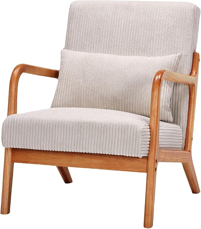 GDFStudio Aogex Accent Chair Corduroy Club Chair Upholstered Armchair Solid Wood Single Sofa Lounge with Armrest Comfort Seating with Lumbar Support for Reading Living Room Home Rest Beige+Teak