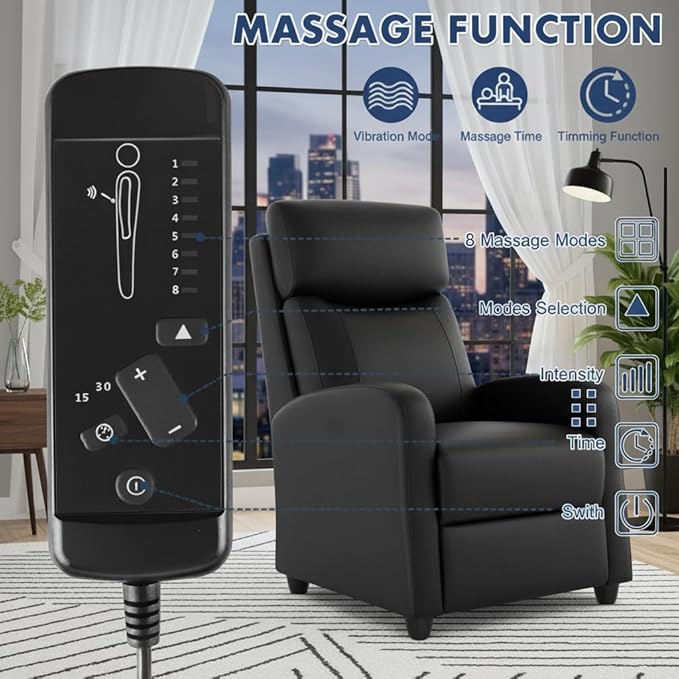 Simple Deluxe Massage Recliner Chair - Adjustable PU Leather Recliner Luxe Reading Chair &amp Sofa Chair for Living Room Chairs or Bedroom Chair Small Recliner for Home Theater Black