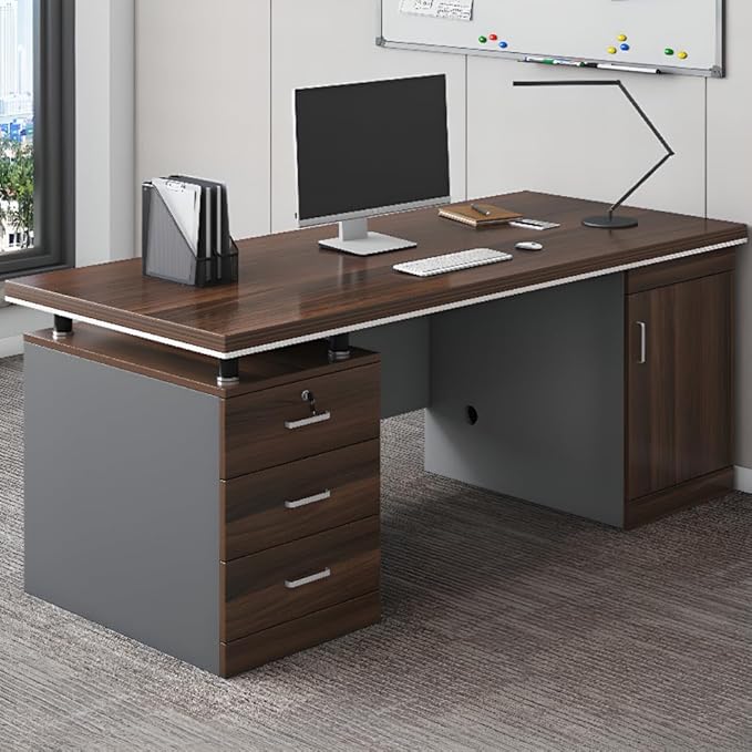LITFAD Wood Office Computer Desk with Cabinet and Locking Drawer Cord Management Modern Executive Desk Simple Writing Desk for Home Office (Without Chairs) Brown 63 L x 24 W x 30 H