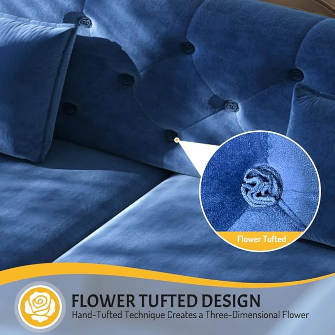 74.4 Queen Size Sleeper Sofa Bed 3-in-1 Convertible Pull Out Chesterfield Sleeper Couch Oversized Velvet Flower Button Tufted Loveseat Sofa for Living Room Small Spaces Blue