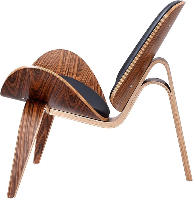Mid Century Modern Shell Lounge Chair PU Leather Tripod Plywood Classic Design Solid Wood Accent Chairs for Living Room Reading Lounge Office Salon
