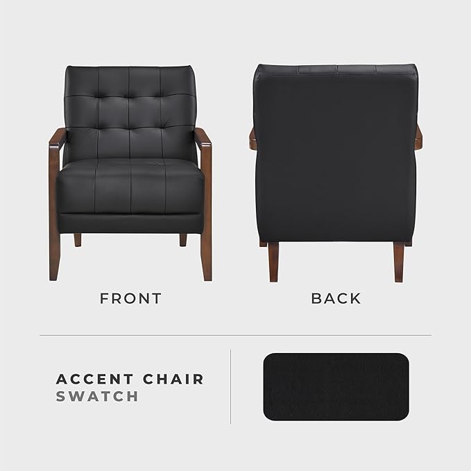 Lexicon Modern Accent Chair Luxury Genuine Leather Match Living Room Chair with Tufted Cushions Solid Wood Frame and Arm Rest Comfy Upholstered Single Seat for Bedroom/Reading/Office Black