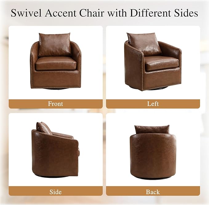 360 Degree Swivel Accent Chair Set of Two with Plump Back Pillow Waterproof Oil Waxed PU Leather Swivel Armchair with Rivets Comfy Vintage Round Barrel Chair for Living Room