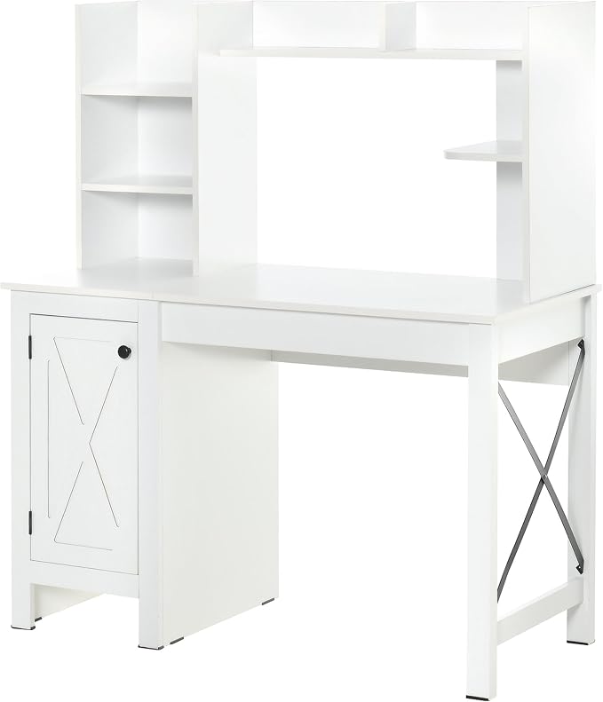 47 Farmhouse Office Desk with Hutch &amp Storage Cabinet - X-Type Steel Bars Design Executive Desk for Home Office - Antique White
