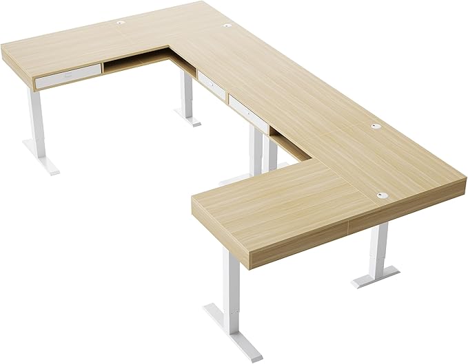 HUANUO U-Shaped Electric Standing Desk with Storage Drawers Adjustable Height Ergonomic Gaming Desk Large Sit Stand Up Desk with Power Strip Tray &amp Cable Grommets for Home Office Light Walnut
