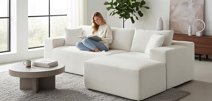 Ridge 2-Piece Convertible Corduroy L-Shaped Sofa in a Box with Pillows 3-Seater Modular Sectional Couch Compressed Living Room Furniture Beige (Right Facing)