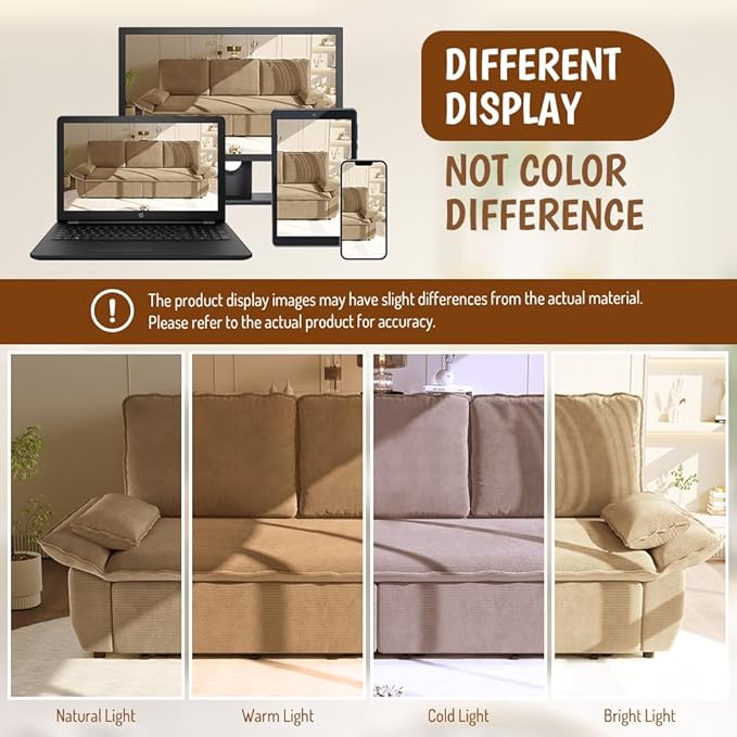 94.5 Pull Out Couch King Size Futon Sofa Bed 3-in-1 Convertible Sleeper Sofa Bed with Cushion Armrest Modern Corduroy Loveseat Couches for Living Room Small Space Apartment Camel