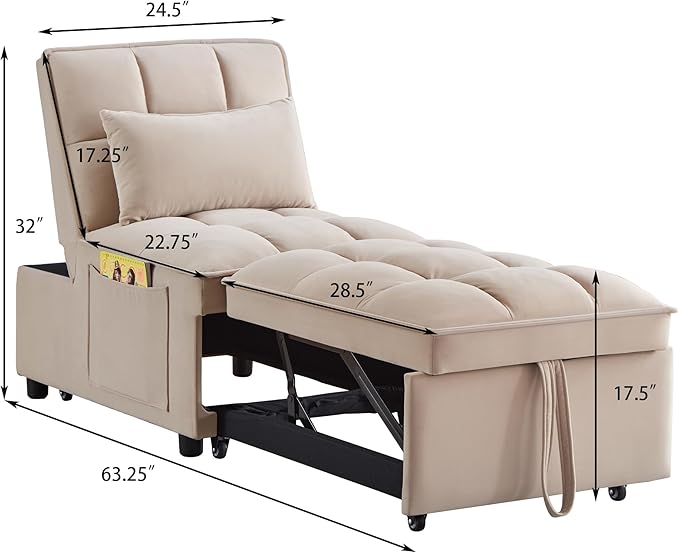 Multi-Function Convertible Single Sleeper Sofa Bed with Storage PocketsVelvet Tufted Pull-Out Couch Bed 4in1 W/Adjustable Backrest &amp PillowsChaise Lounge for Living RoomSmall SpaceTaupe