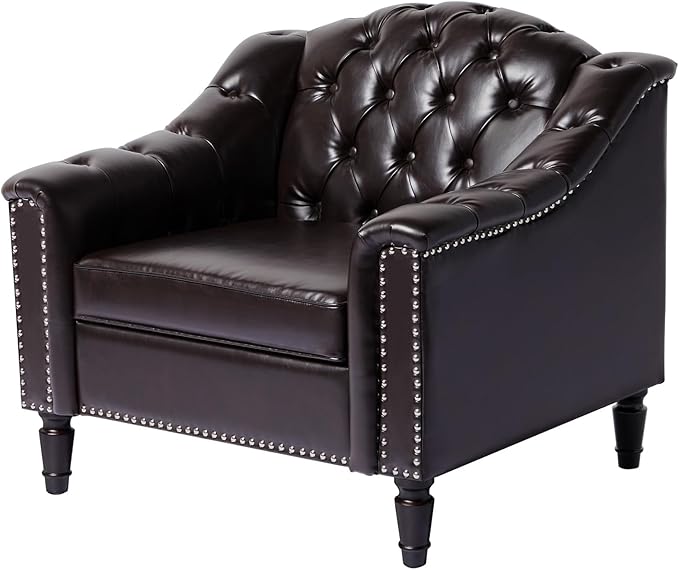 AVZEAR Chesterfield Sofa Chair Mid-Century Modern Armchair PU Fabric Single Sofa Chair with Nailhead Trim and Button Tufted for Living Room Office Bedroom Brown