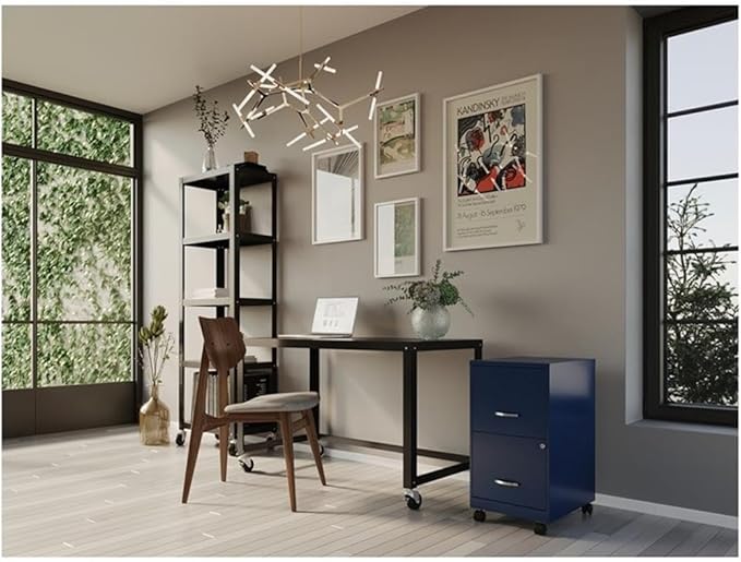 Pemberly Row 18 2-Drawer Mobile Metal Filing Cabinet Navy Finish Painted Steel Lockable High-Side Drawers Smooth Glide Wheels Compact Vertical Design for Home or Office Organization