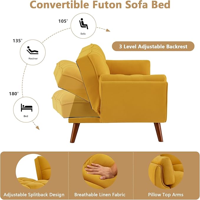 75 Convertible Futon Sofa Bed Sleeper Couch Bed with Adjustable Backrest Small Couches for Small Spaces Living Room Bedroom and Office (Yello)