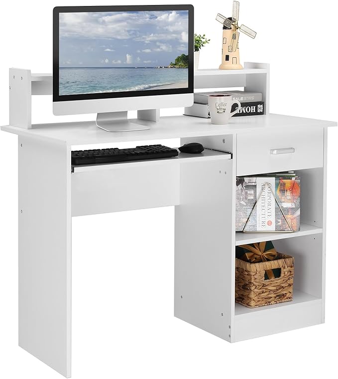 Karl home Computer Desk Study Writing Desk PC Laptop Table Wooden Home Office Workstation with Drawer Shelf Keyboard Tray White