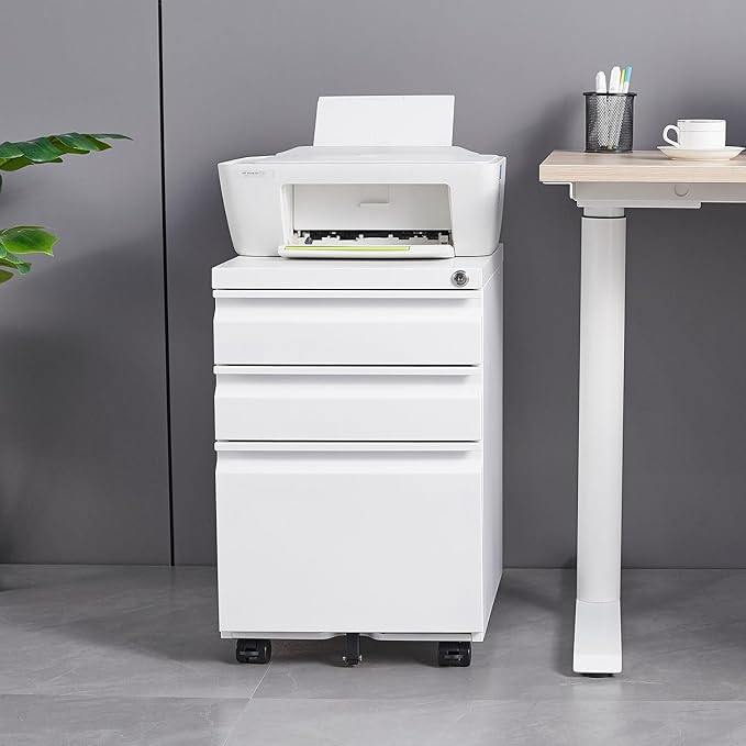 3-Drawer Mobile Filing Cabinet with Lock Legal/Letter Sized Office Storage Cabinet Metal Suitable for Offices and Study Rooms(White)