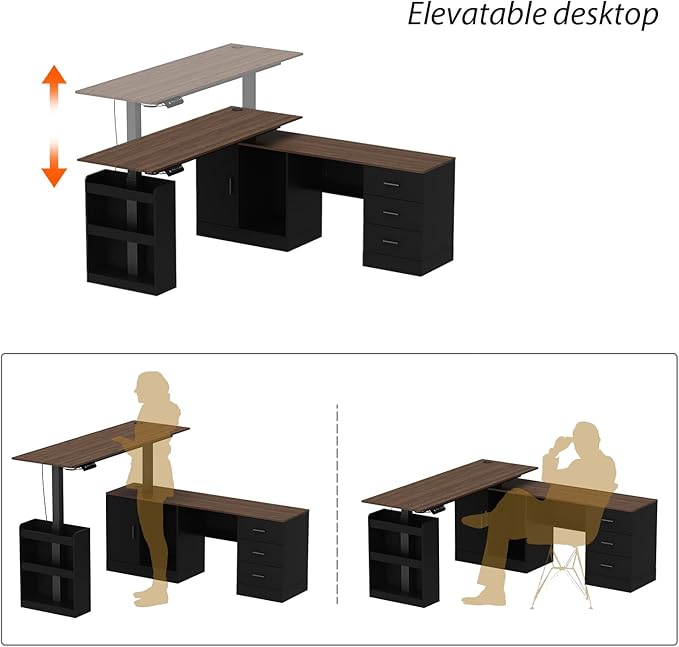 Homsee Home Office L Shaped Electric Standing Desk with Drawers and Shelves Height Adjustable Stand up Desk 63 Computer Executive Corner Table Walnut &amp Black