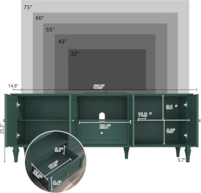 ARTPOWER 67'' Mid-Century Modern TV Stand with Storage Drawer and Doors Long TV Stand with Adjustable Shelves for 75 Inch TV for Living Room Bedroom Green