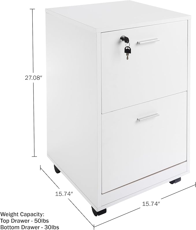 Lavish Home File Cabinet - 2-Drawer Cabinet with Lock and Deep Drawer Storage - Rolling Filing Cabinet for Under The Desk Home or Office (White)