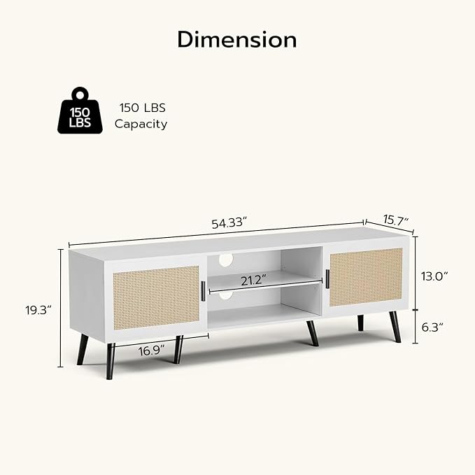 TV Stand for TVs up to 65'' Mid Century Modern Entertainment Center with Rattan Door Shelves &amp 2 Cabinets Boho Media TV Console for Living Room Bedroom White