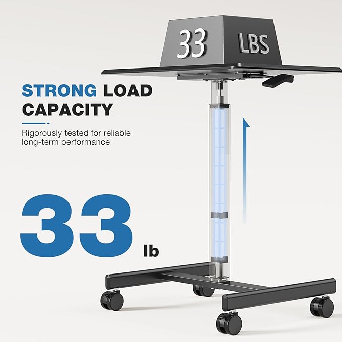 Rolling Laptop Stand Small Standing Desk with Wheels Adjustable Height Rolling Table with Metal Base Lockable Catsers Computer Rolling Table for Couch Home Office 25.7'' × 19'' Black
