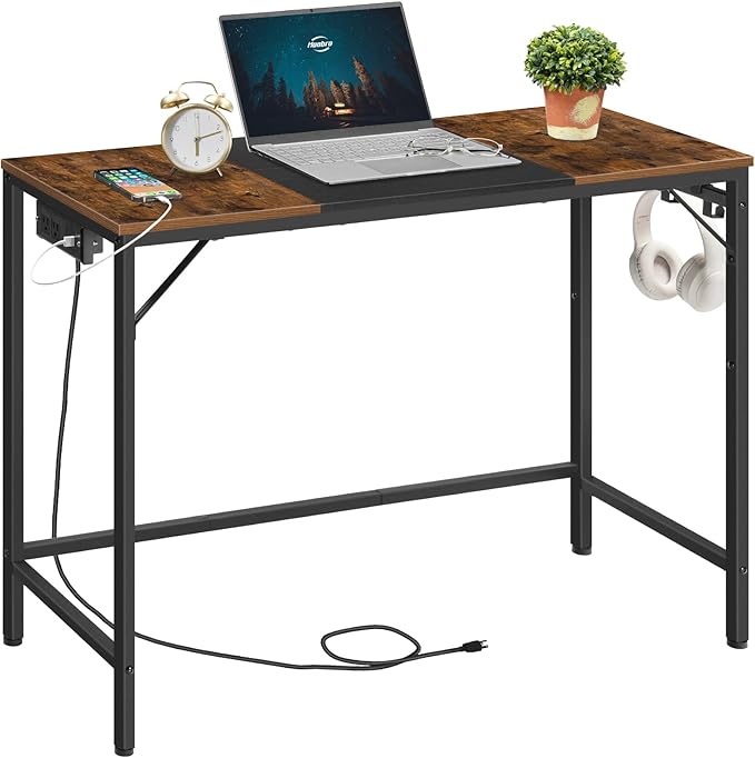 HOOBRO Computer Desk Home Office Desk with Power Outlet Modern Study Writing Desk with 3 Hooks for Study Room Home Office Sturdy and Stable Easy to Assemble Rustic Brown and Black BF41UDN01