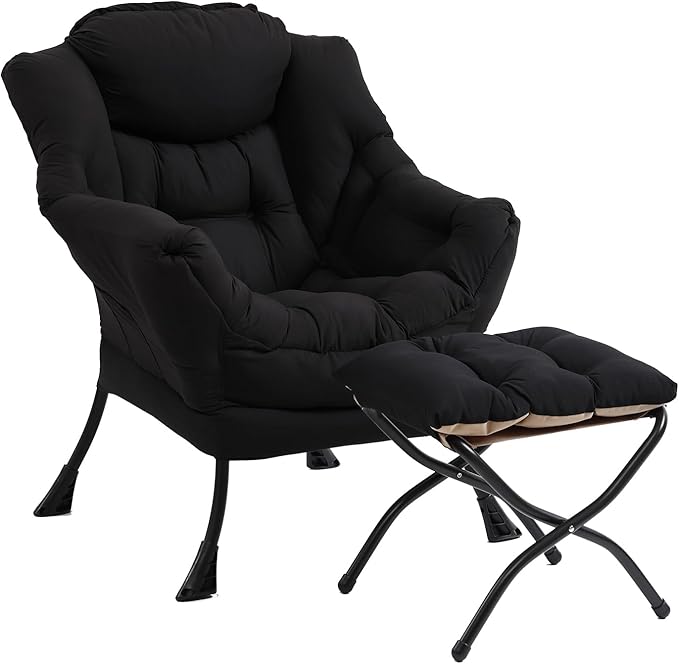 Lazy Chair with Ottoman Modern Accent Chair with Armrests and a Side Pocket Black Accent Chairs Reading Chairs Oversized Armchairs for Bedroom Study Living Room Courtyard