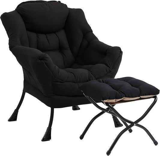 Lazy Chair with Ottoman Modern Accent Chair with Armrests and a Side Pocket Black Accent Chairs Reading Chairs Oversized Armchairs for Bedroom Study Living Room Courtyard