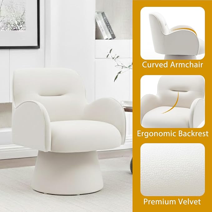 Swivel Chair with Armrest Modern Velvet Barrel Chairs with Curve Back Soft Cushion Comfy Accent Round Armchair Single Sofa for Living Room Bedroom White